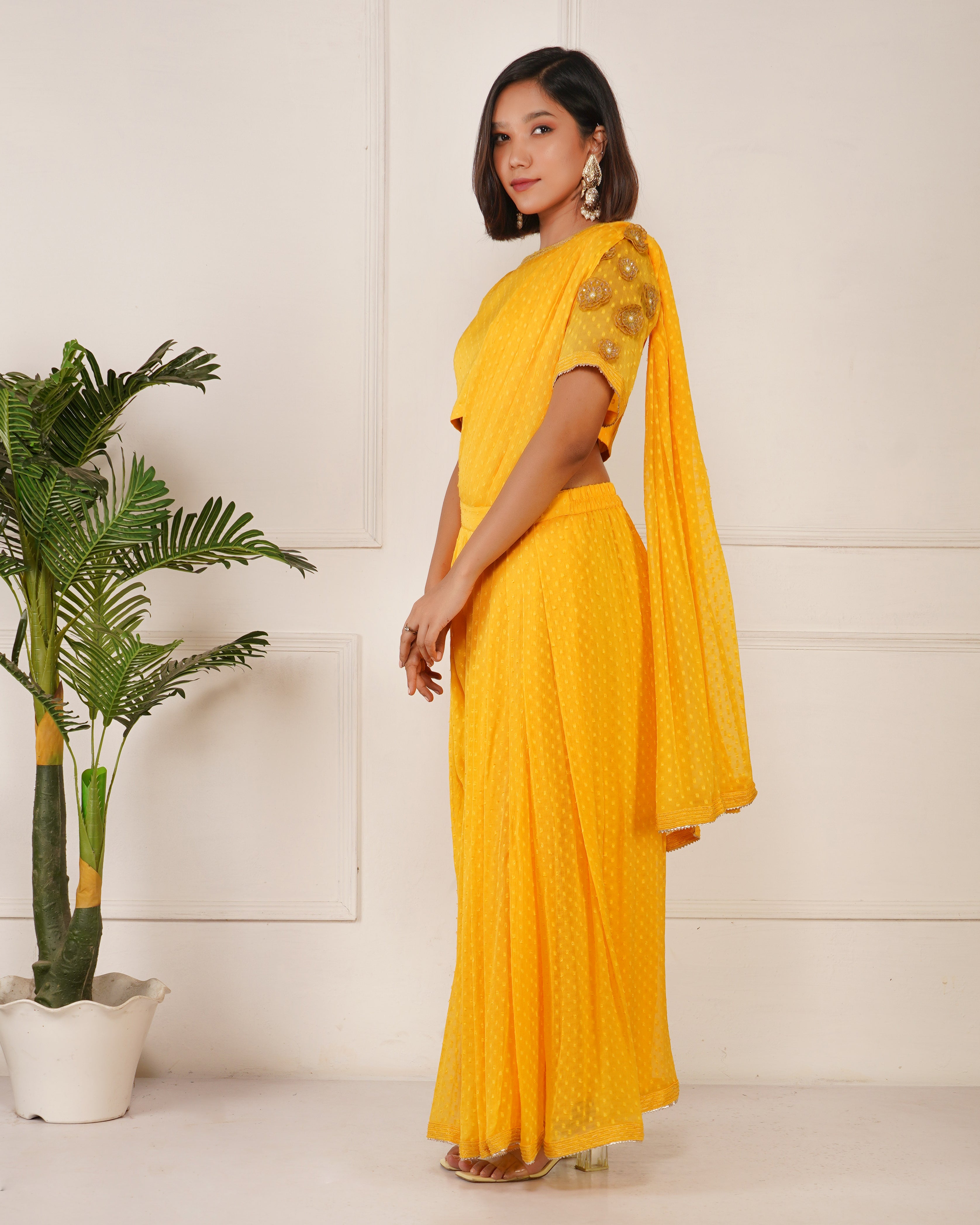 Raag Prestich Saree Set | Yellow Pre-Draped Sarees for Women
